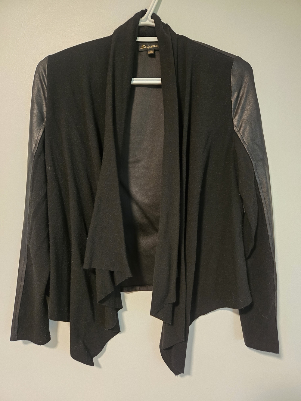 Shinestar Black Open-Front Draped Cardigan with Faux Leather Sleeves